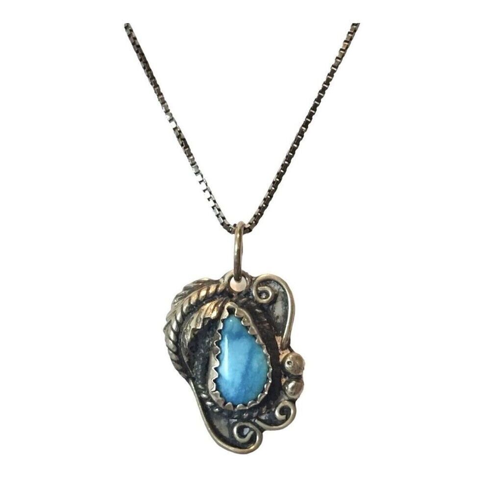 Vintage Turquoise Pendant Sterling Silver Necklace 925 18.5" Box Chain Feather